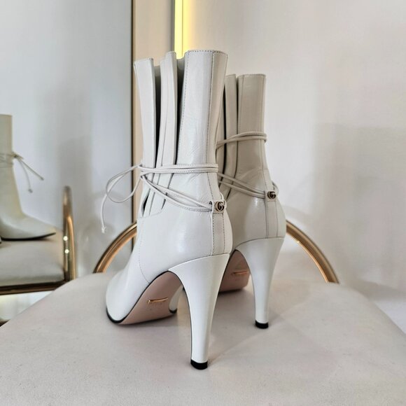 GUCCI Indya GG Pleated Accent Ankle Booties EU 40 US 9.5 White Leather Heel Boot - Picture 3 of 11
